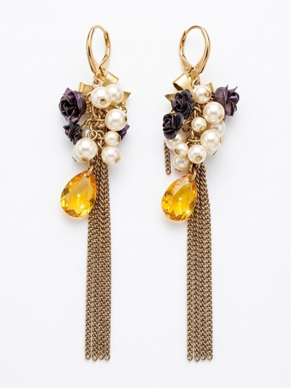 Vintage Pearl Cluster Drop Earrings with Amber Teardrops